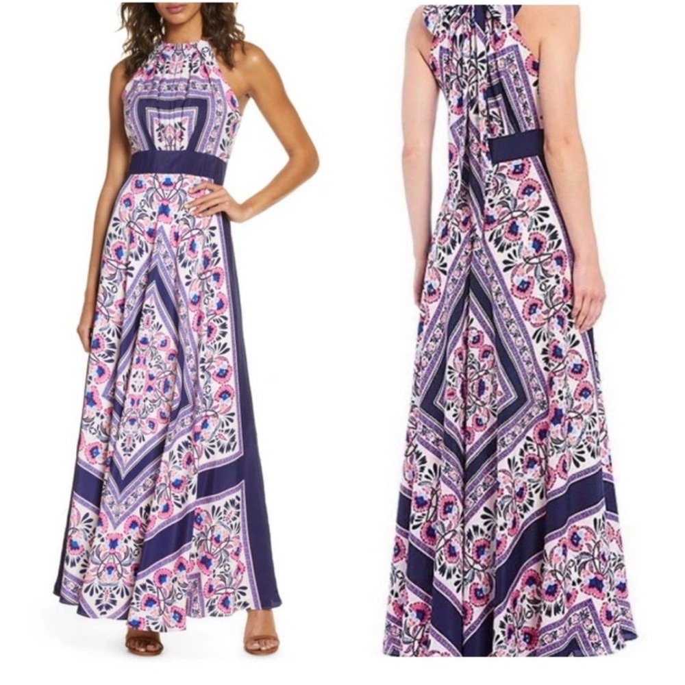 Eliza J Floral Geometric Maxi Dress scarf print flowy Pink and Purple
